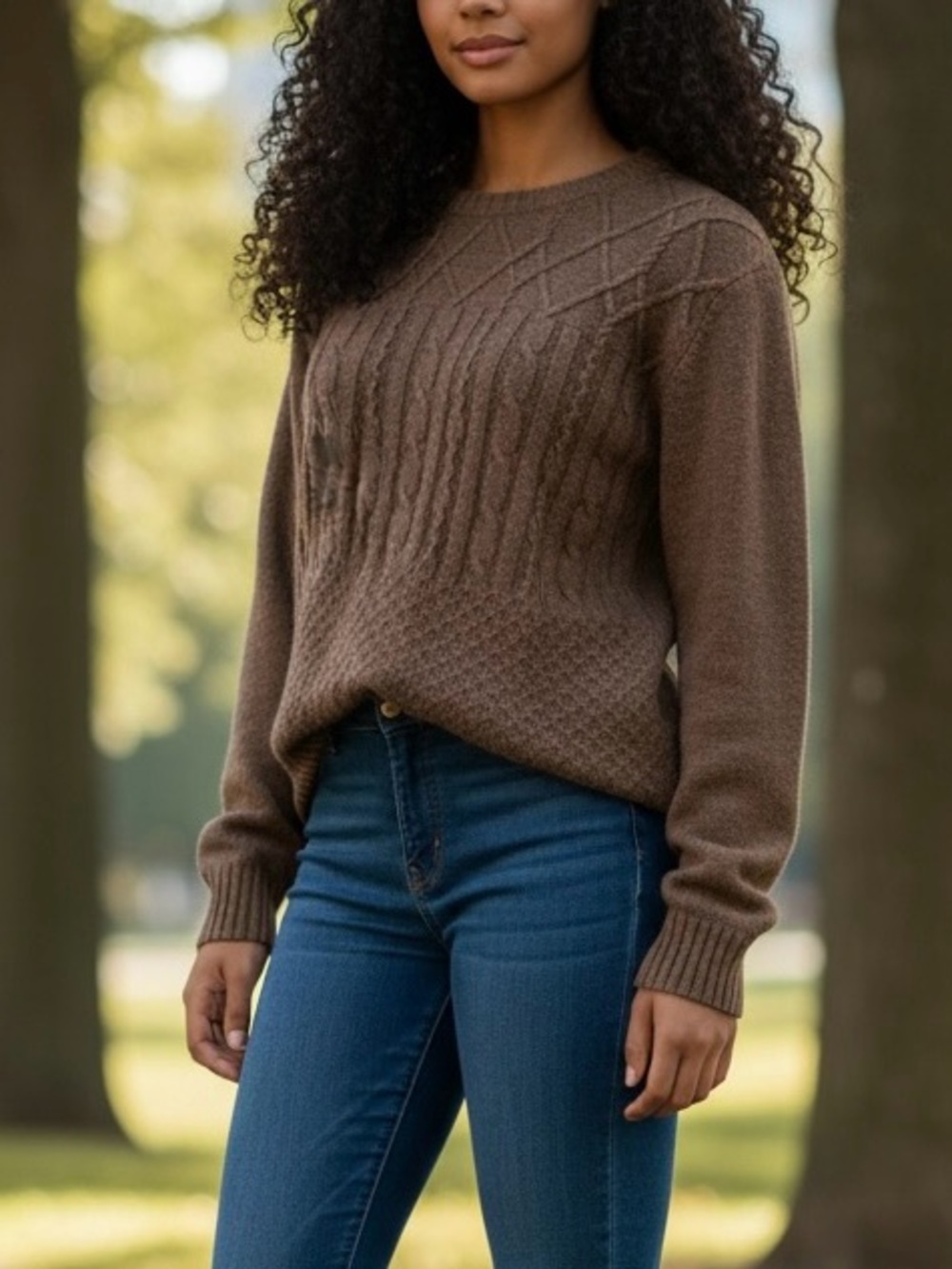 RW&CO. Brown Cable Knit Crewneck Sweater